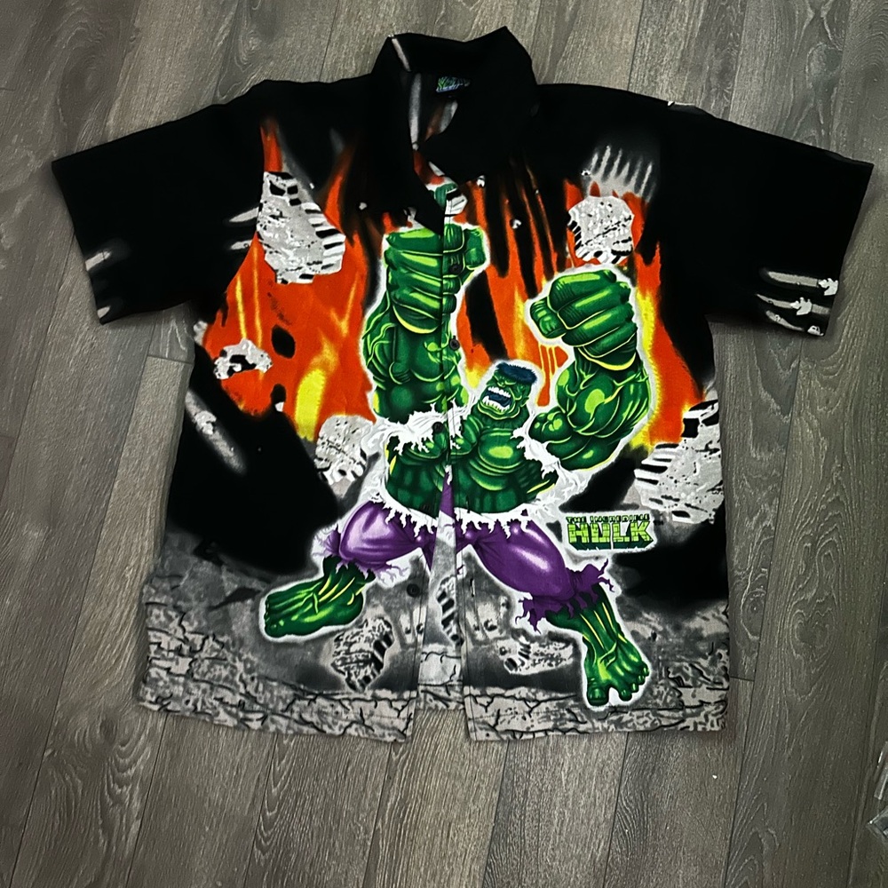Marvel Black and Green Casual Button Down Shirt with Hulk Graphic
